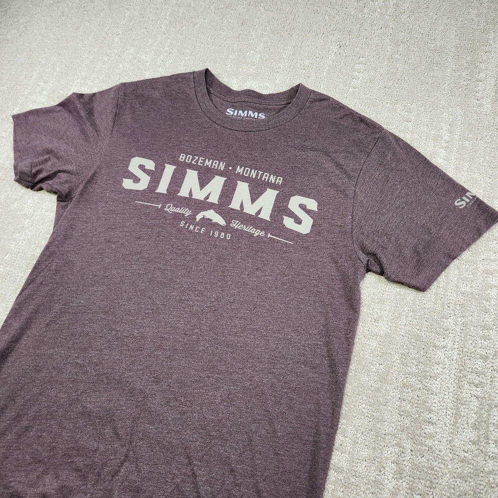 Simms Fishing Shirt Men Small Bozeman Montana Spellout Tee Brown